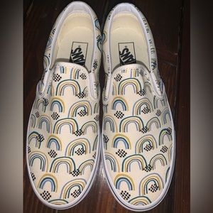 Vans slip on shoes, size 7.0 men’s / 8.5 woman’s, multi print rainbow/ checkered